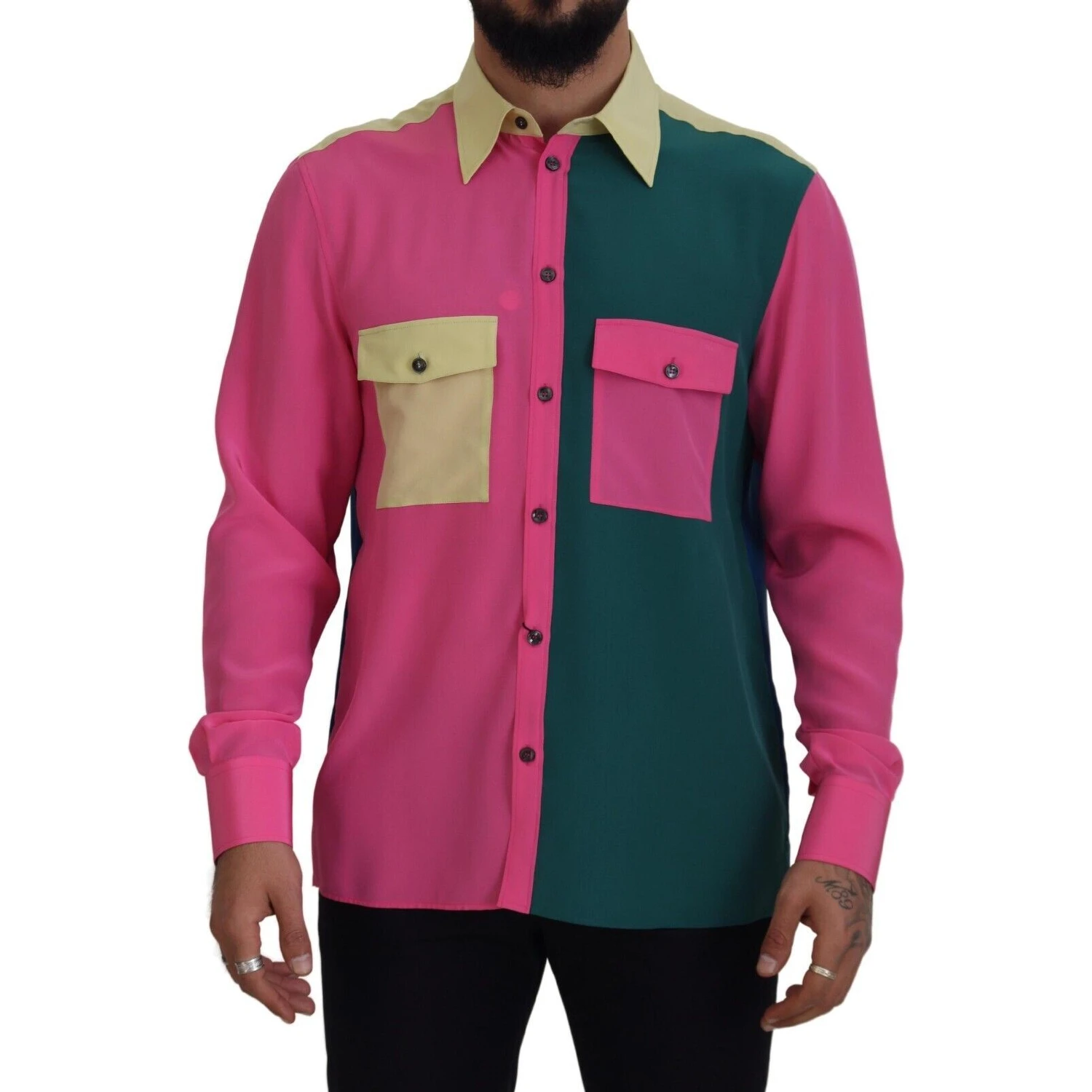 Multicolor Patchwork Silk Button Down Shirt