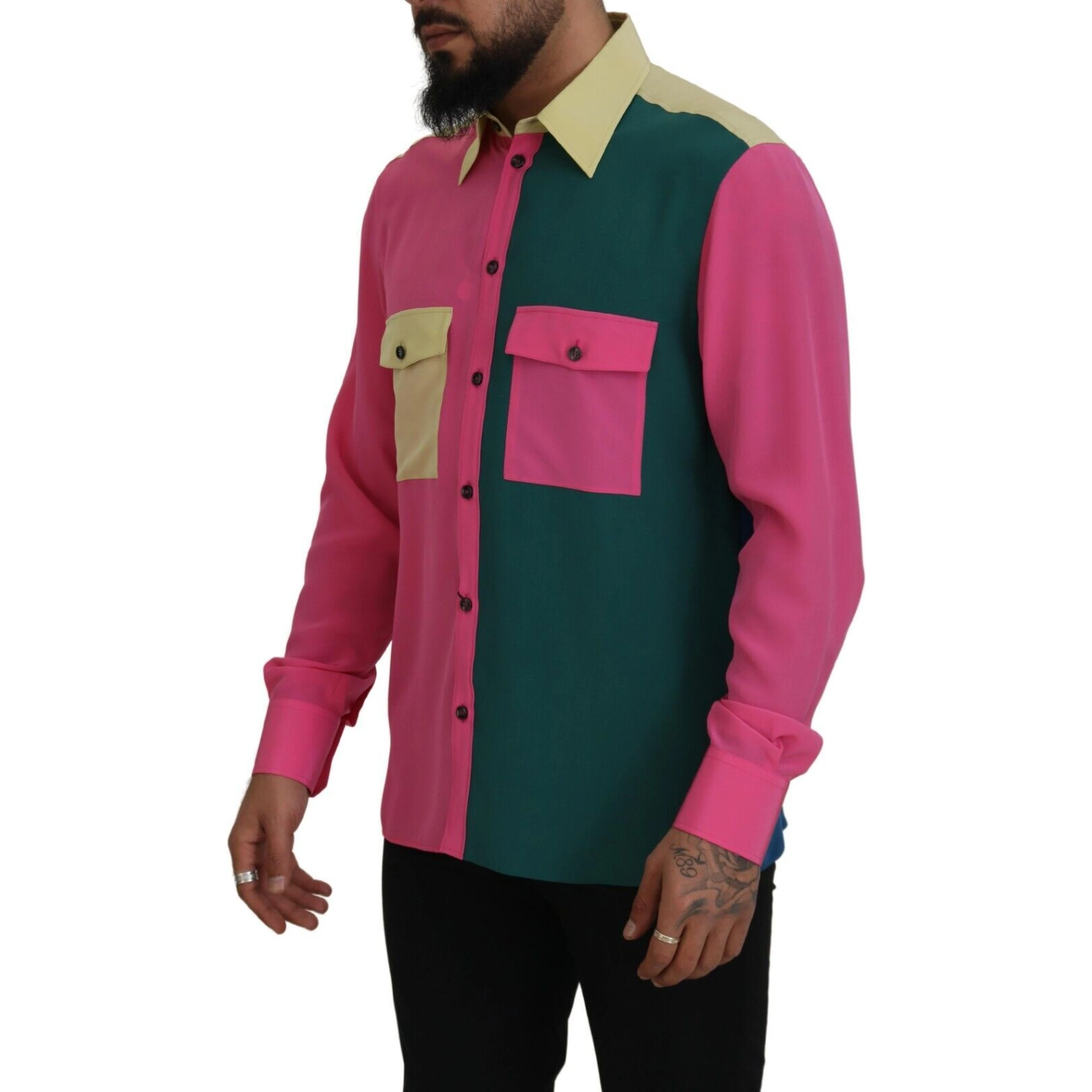 Multicolor Patchwork Silk Button Down Shirt