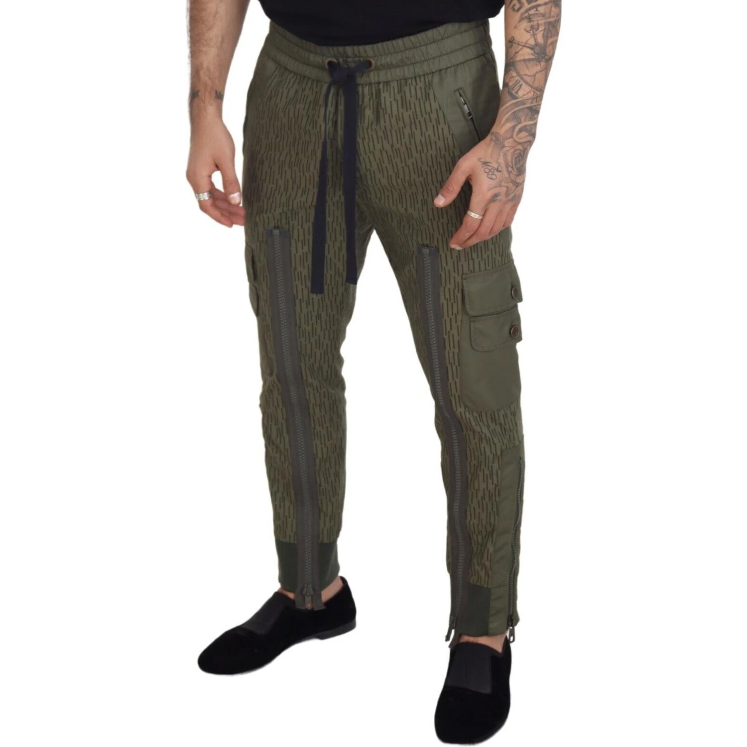Green Striped Cargo Zipper Leg Men Trouser Pants
