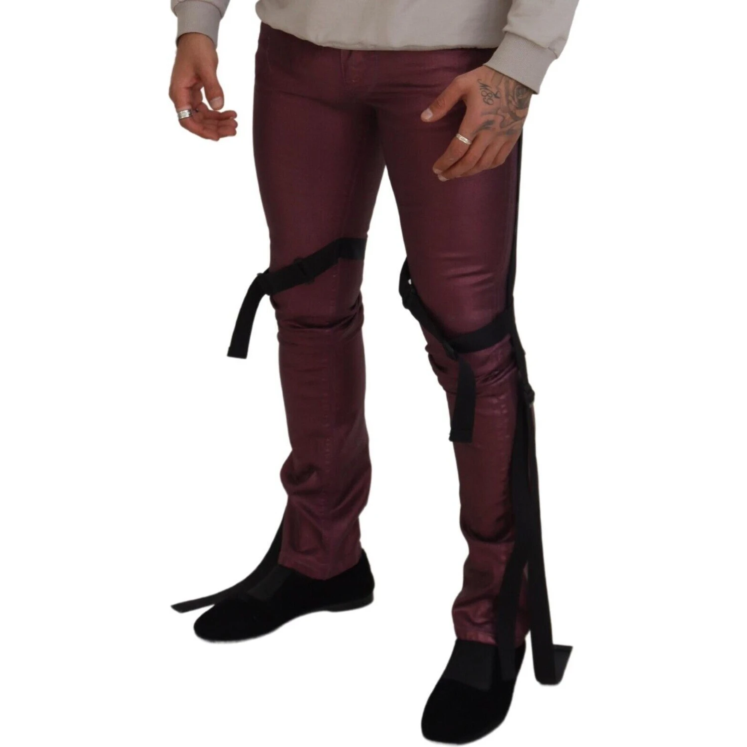 Magenta Cotton Men Casual Harness Denim Jeans