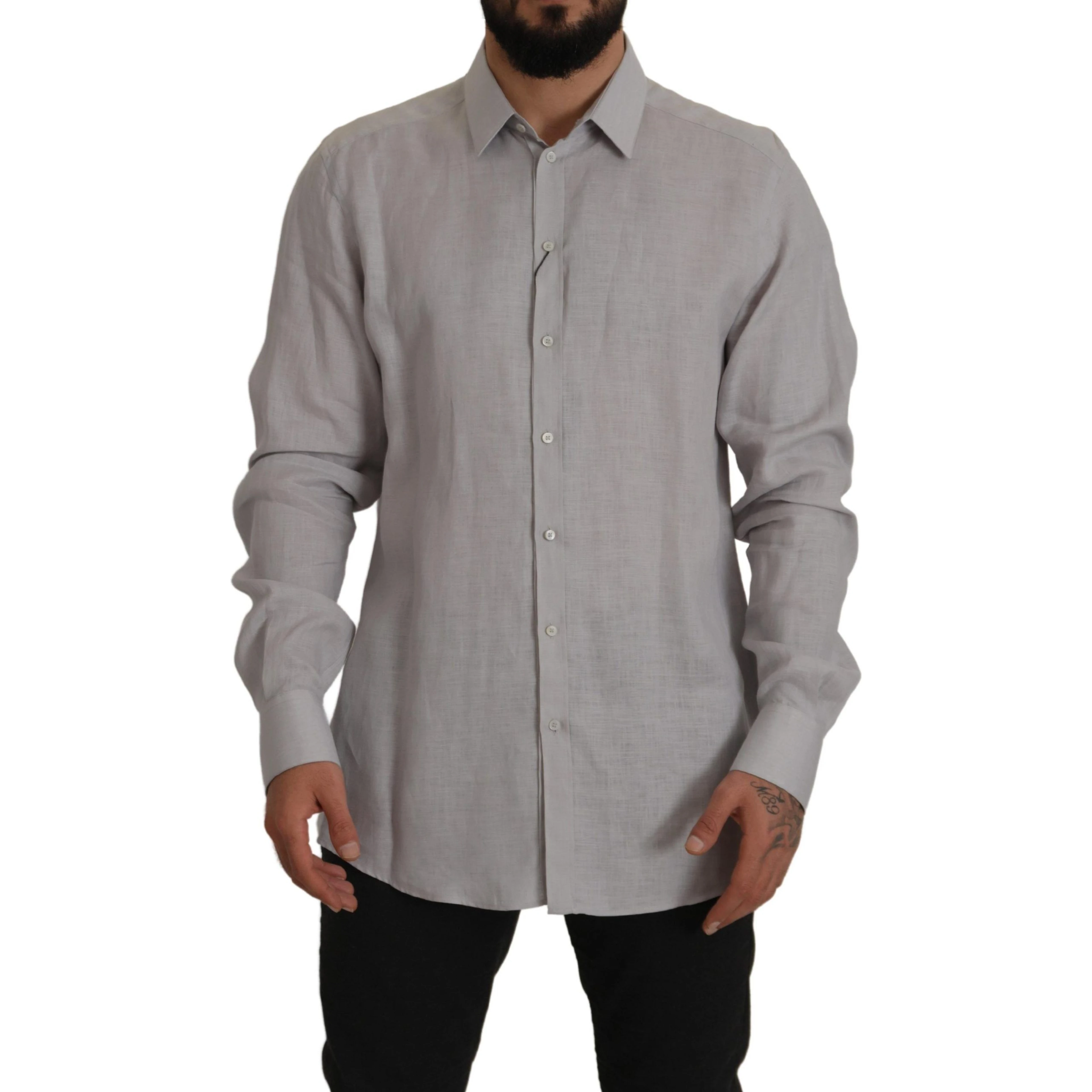 Gray Linen Long Sleeves Formal GOLD Shirt