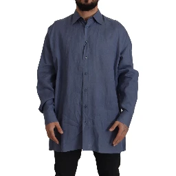 Dark Blue Linen Slim Fit Dress Formal Men Shirt