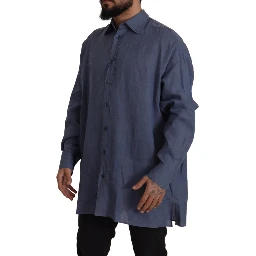 Dark Blue Linen Slim Fit Dress Formal Men Shirt