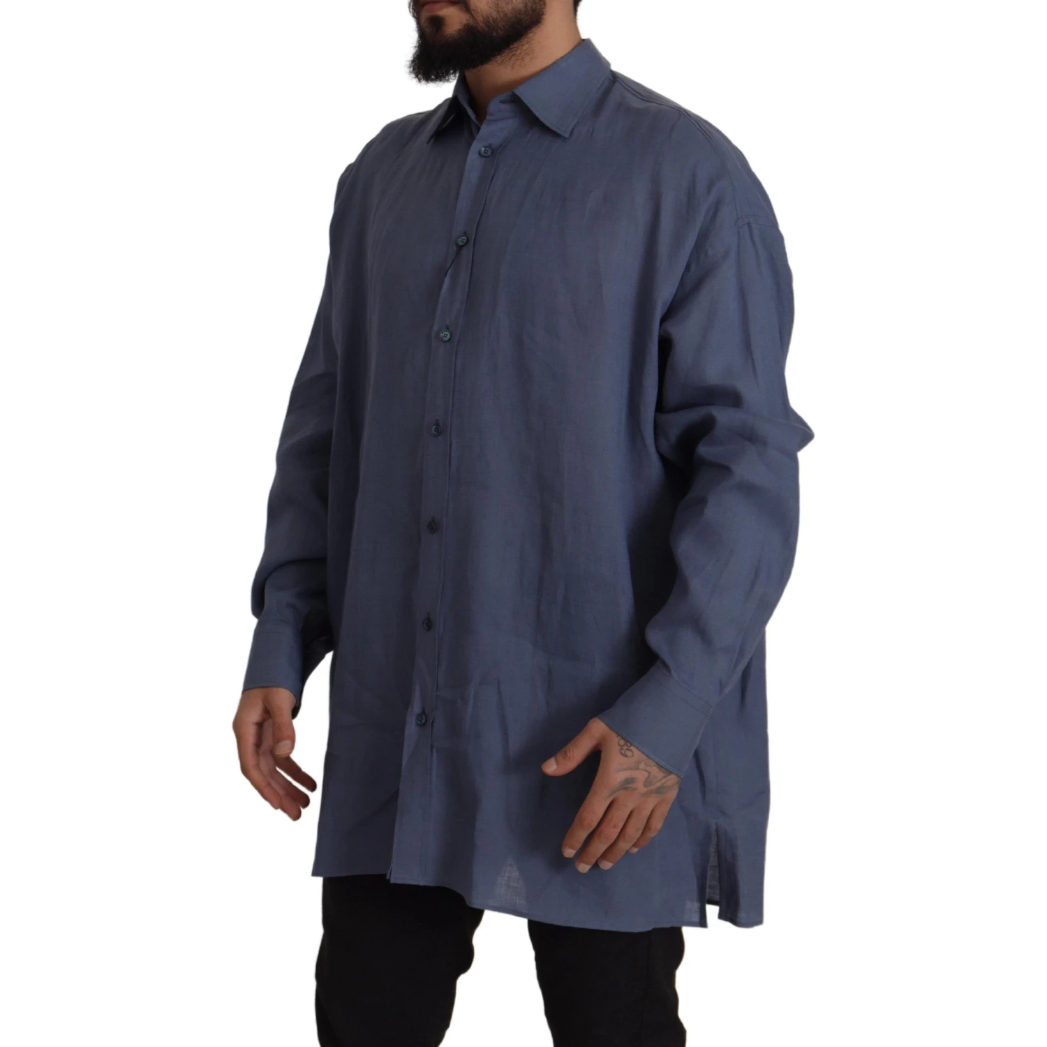 Dark Blue Linen Slim Fit Dress Formal Men Shirt