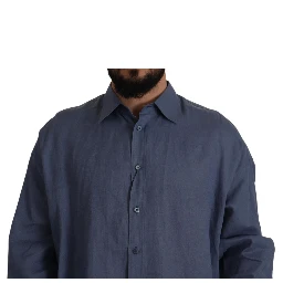 Dark Blue Linen Slim Fit Dress Formal Men Shirt