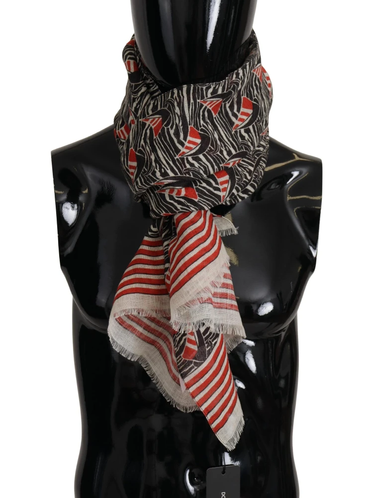 Black Red Linen Sailboat Stripe Print Shawl Scarf
