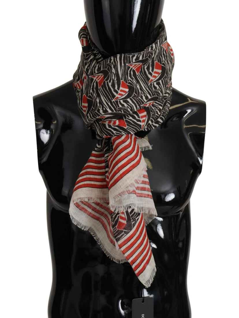 Black Red Linen Sailboat Stripe Print Shawl Scarf