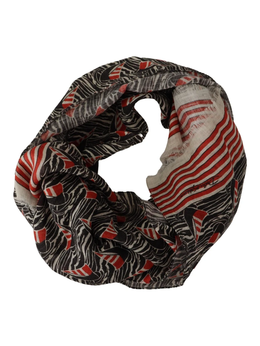 Black Red Linen Sailboat Stripe Print Shawl Scarf
