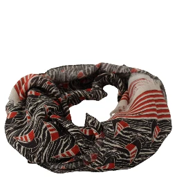 Black Red Linen Sailboat Stripe Print Shawl Scarf