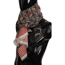 Black Red Linen Sailboat Stripe Print Shawl Scarf