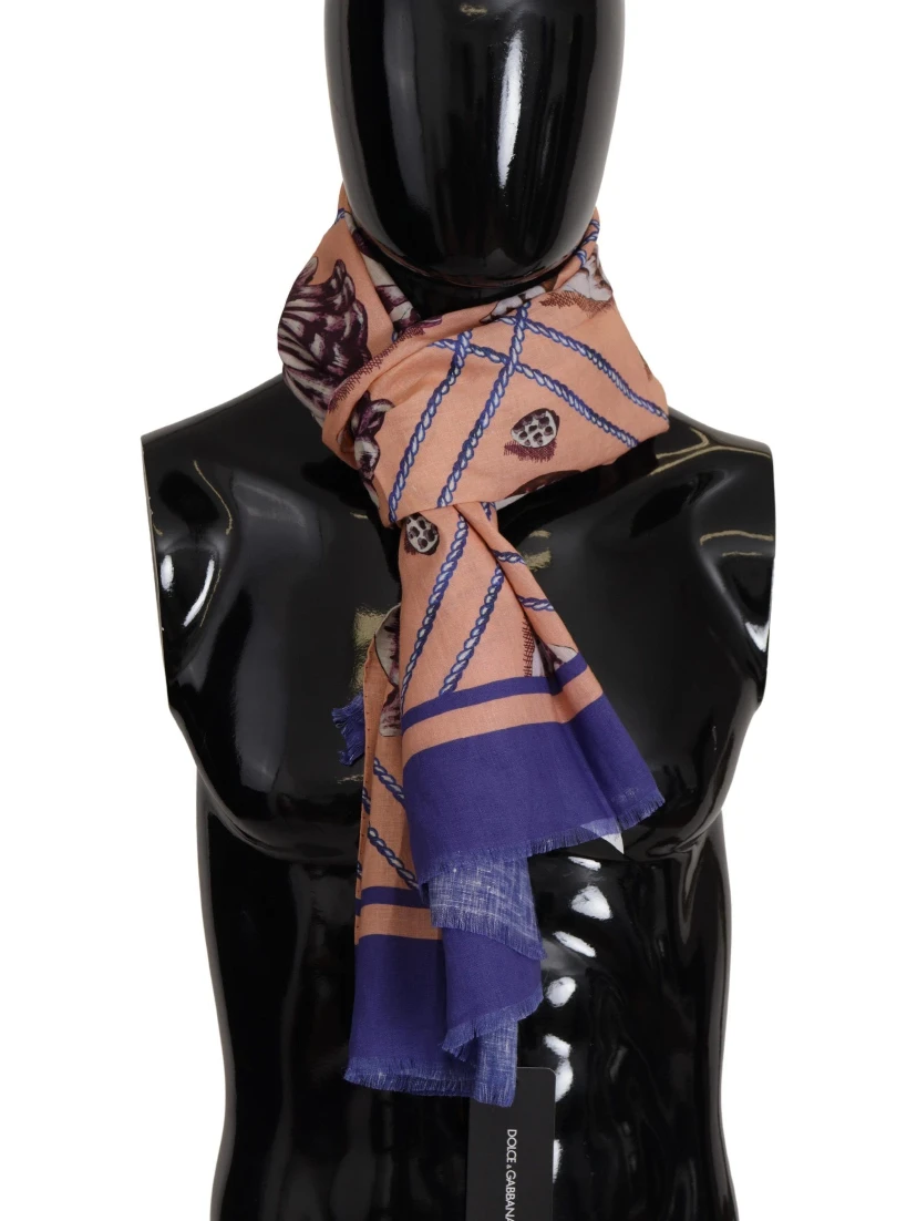 Blue Linen Seashell Pattern Mens Wrap Shawl Scarf