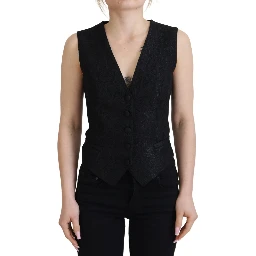 Black Brocade Button Down Sleeveless Vest Top