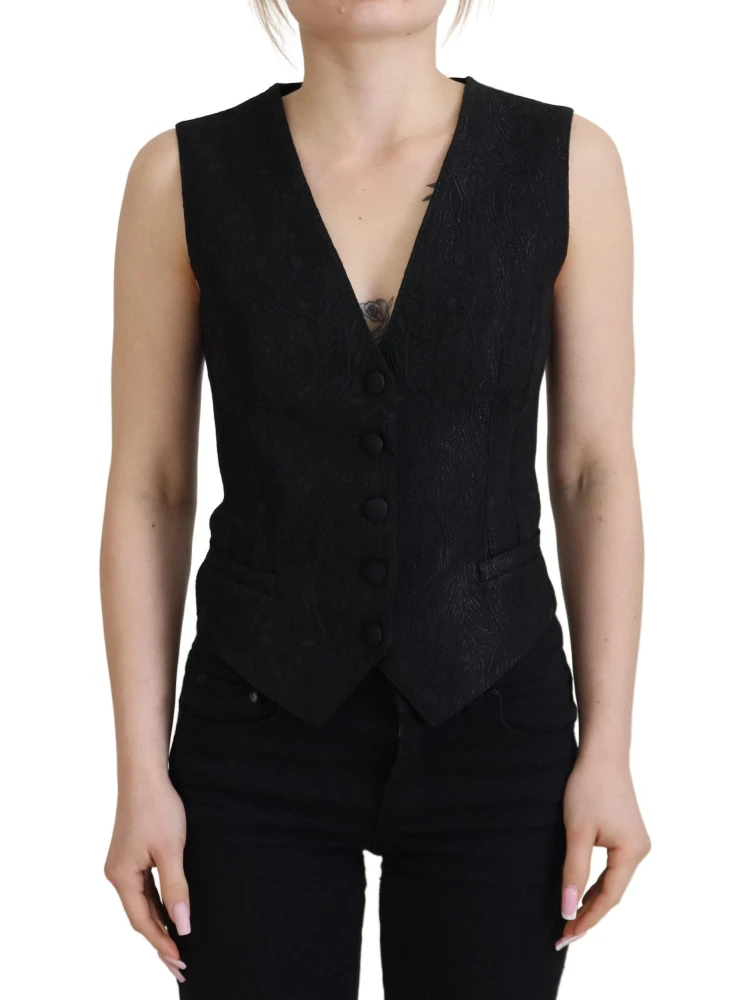 Black Brocade Button Down Sleeveless Vest Top