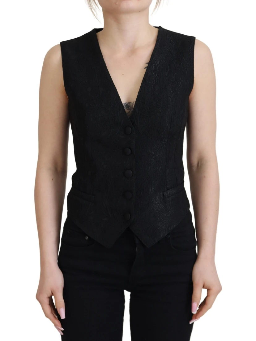 Black Brocade Button Down Sleeveless Vest Top