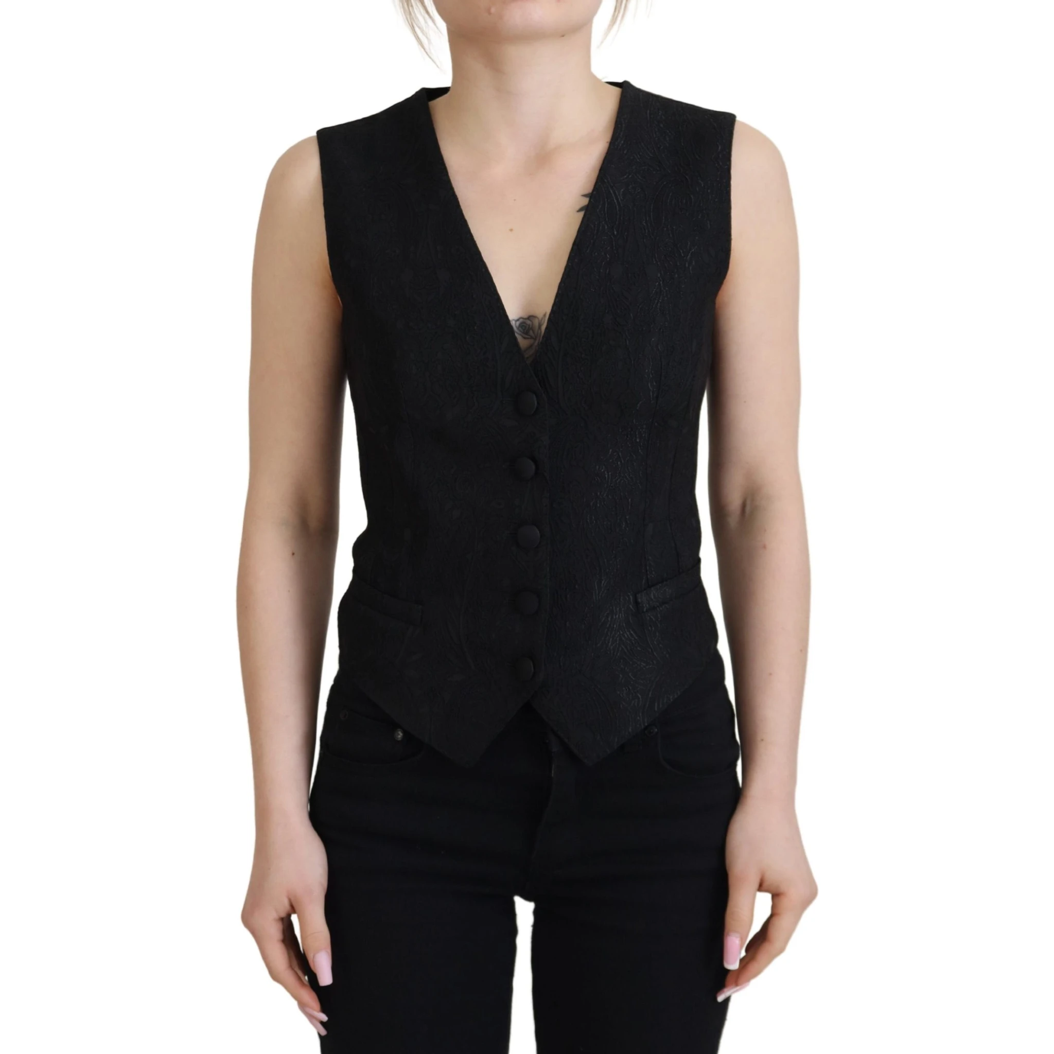Black Brocade Button Down Sleeveless Vest Top
