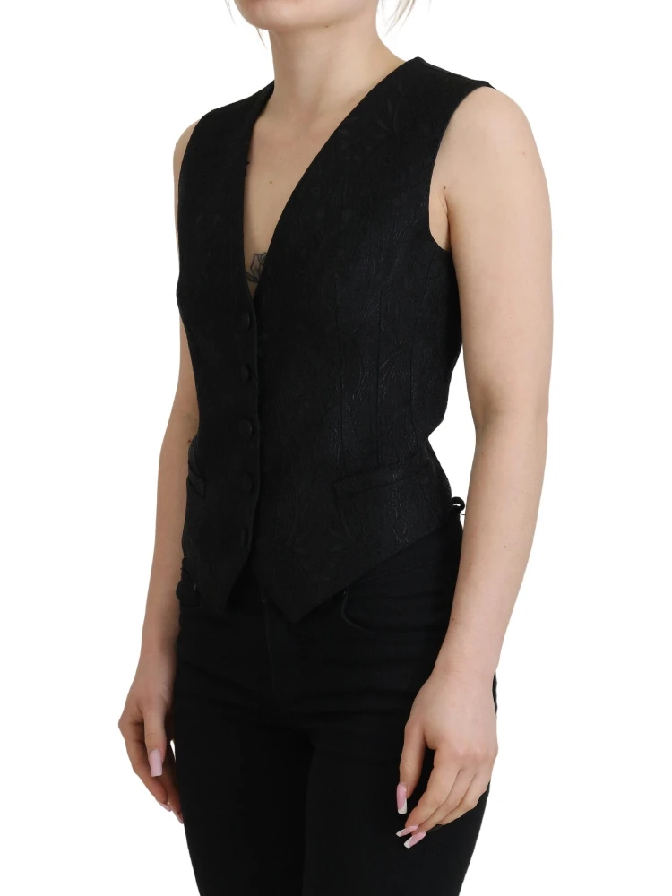 Black Brocade Button Down Sleeveless Vest Top alternative