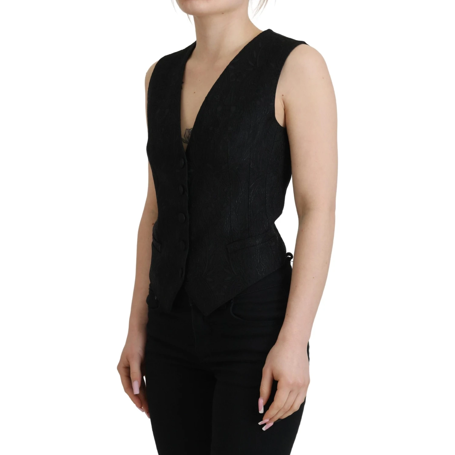 Black Brocade Button Down Sleeveless Vest Top