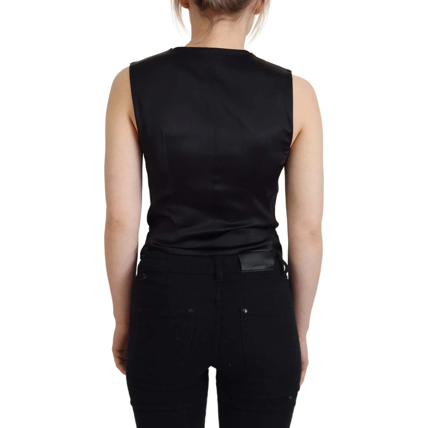 Black Brocade Button Down Sleeveless Vest Top