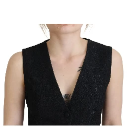 Black Brocade Button Down Sleeveless Vest Top