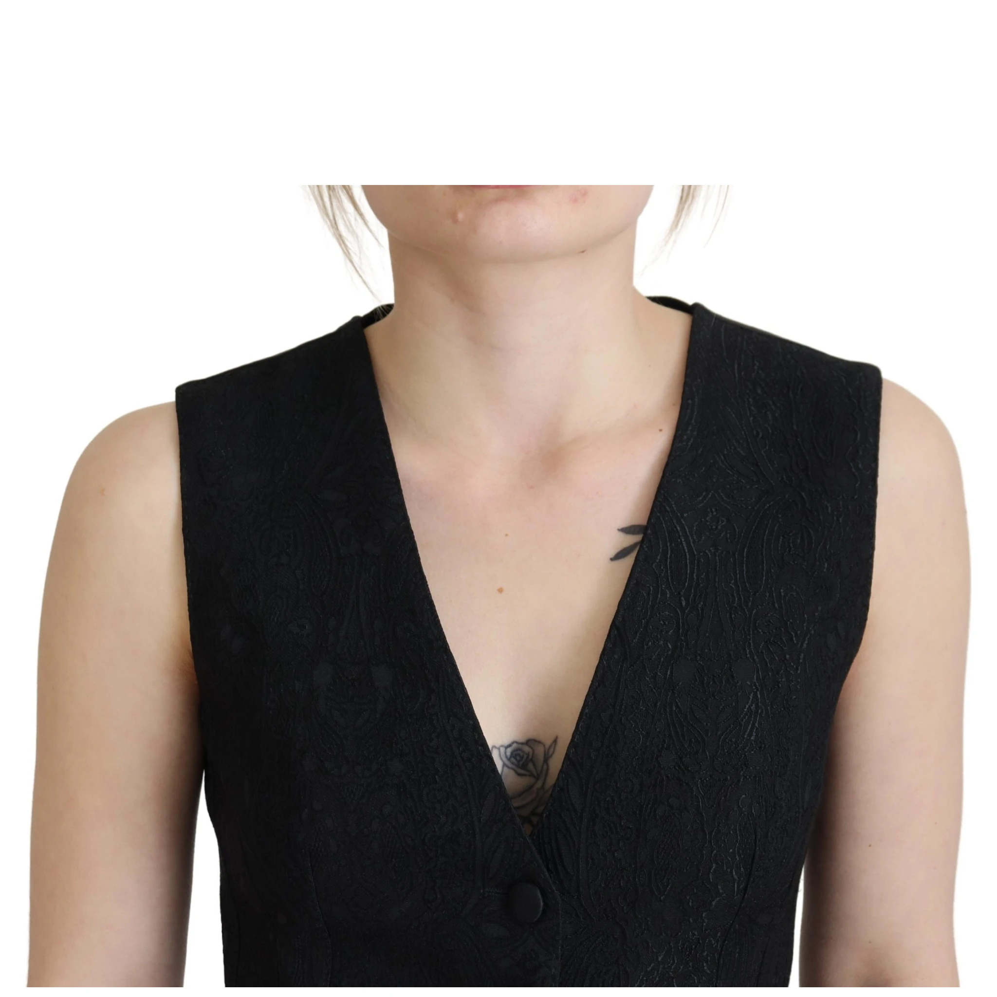 Black Brocade Button Down Sleeveless Vest Top