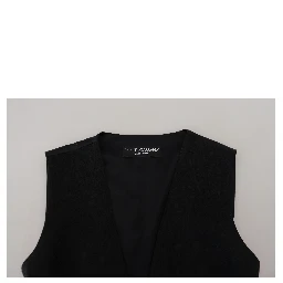 Black Brocade Button Down Sleeveless Vest Top