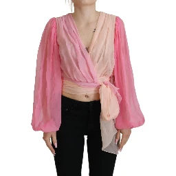 Pink Silk Wrap Long Sleeves Blouse Top