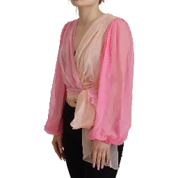 Pink Silk Wrap Long Sleeves Blouse Top