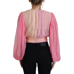 Pink Silk Wrap Long Sleeves Blouse Top