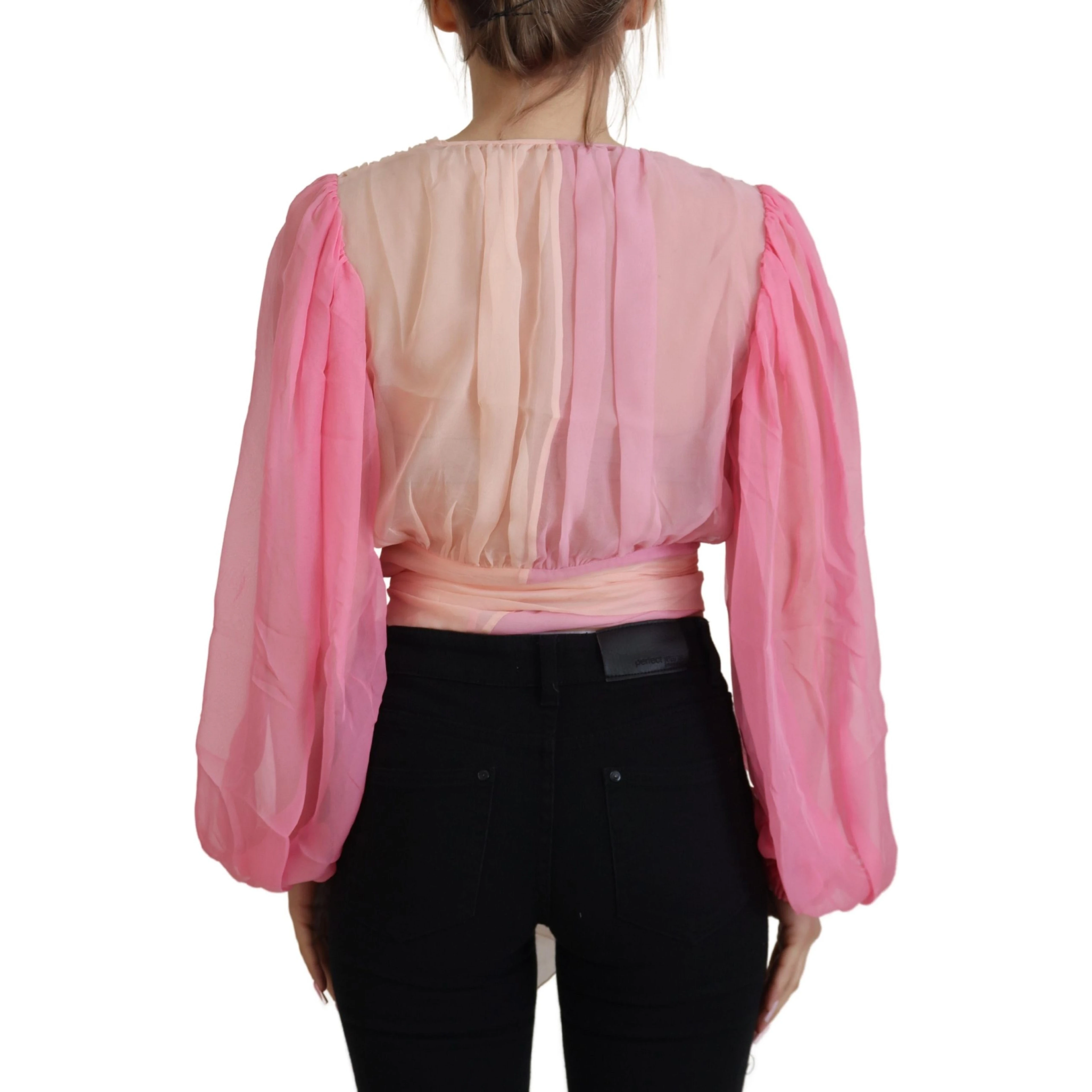 Pink Silk Wrap Long Sleeves Blouse Top