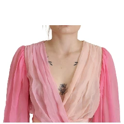 Pink Silk Wrap Long Sleeves Blouse Top
