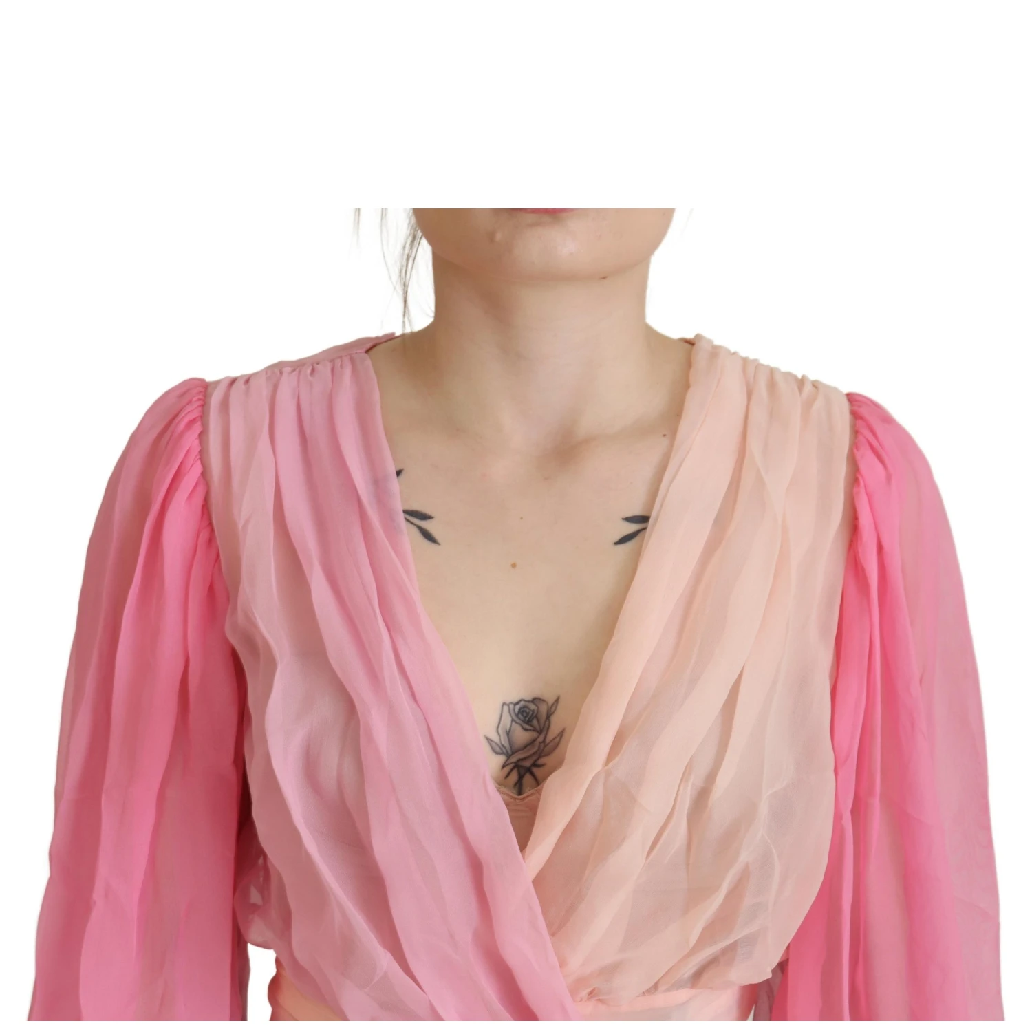 Pink Silk Wrap Long Sleeves Blouse Top