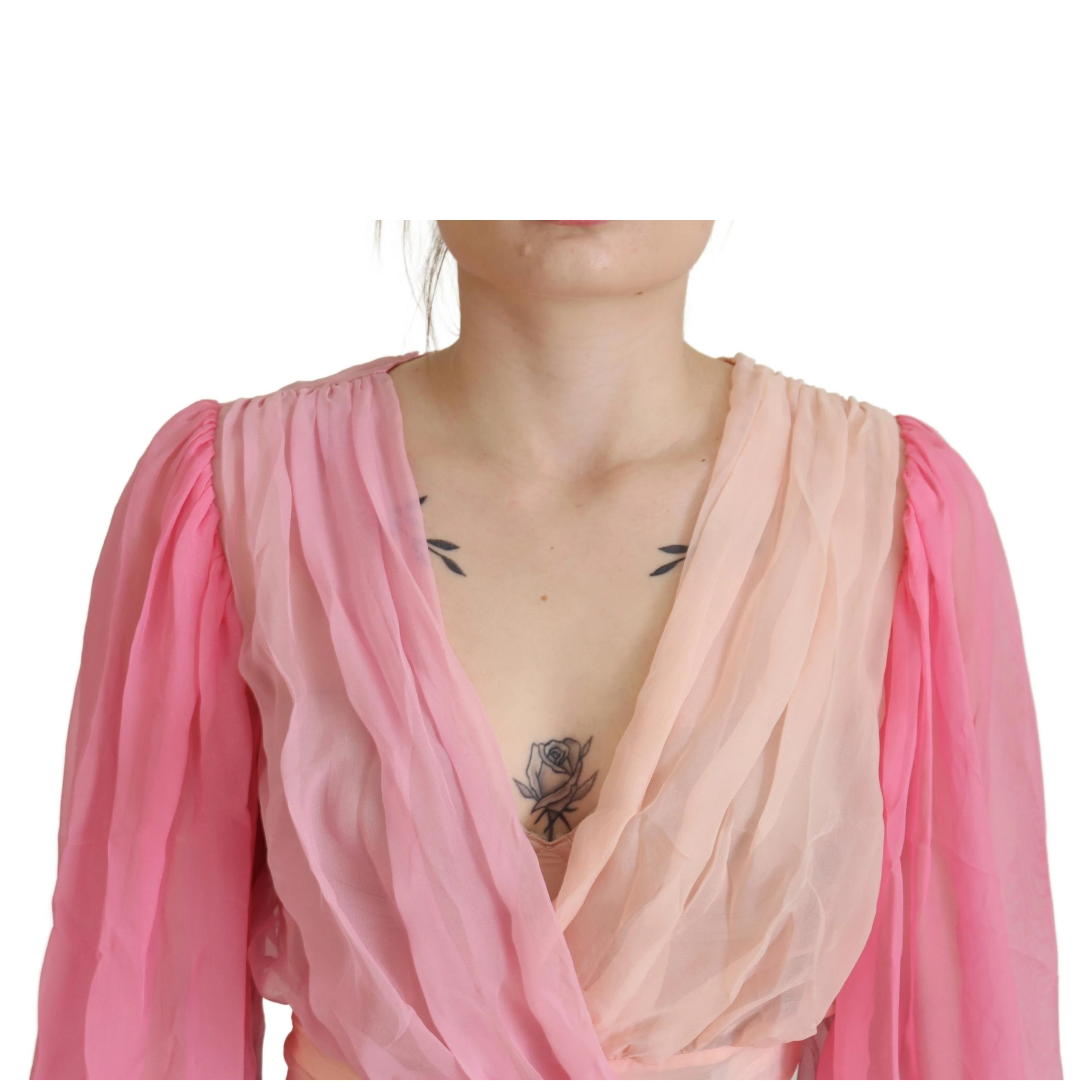 Pink Silk Wrap Long Sleeves Blouse Top