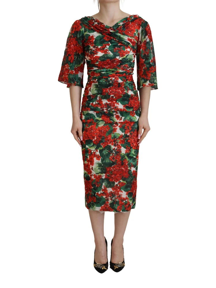 Multicolor Geranium Silk Sheath Midi Dress