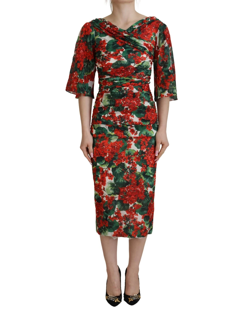 Multicolor Geranium Silk Sheath Midi Dress