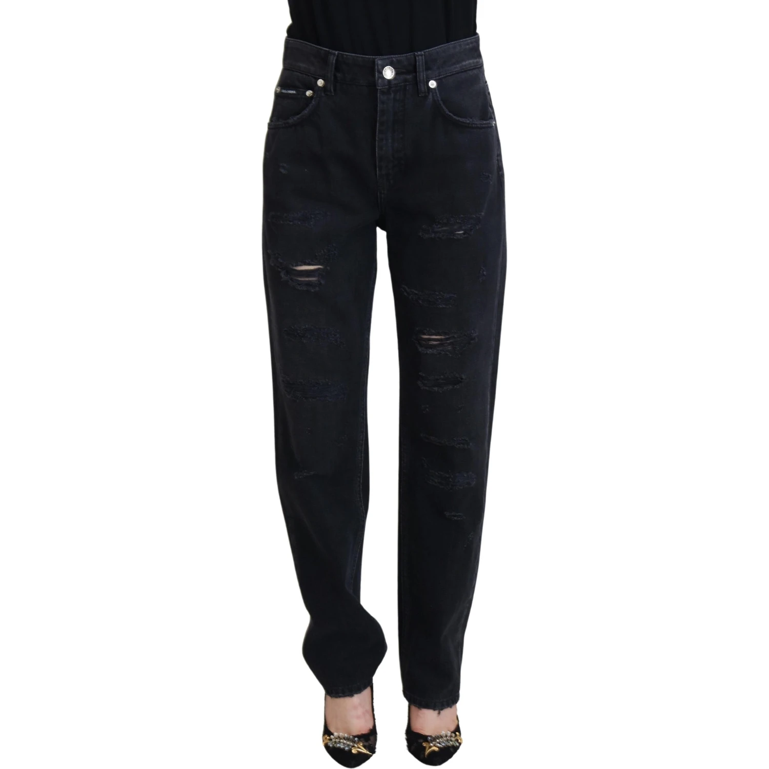 Black Cotton Tattered High Waist Denim Jeans