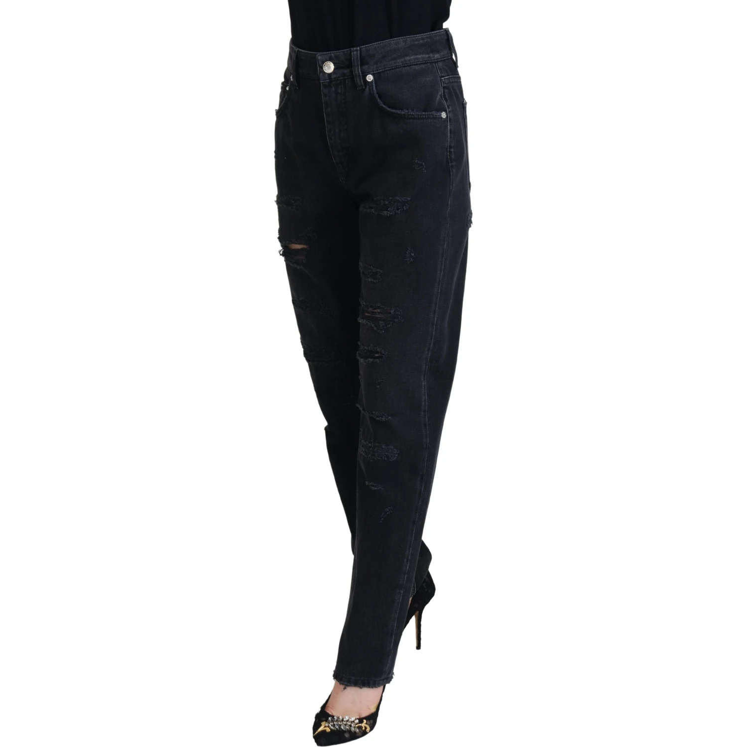 Black Cotton Tattered High Waist Denim Jeans