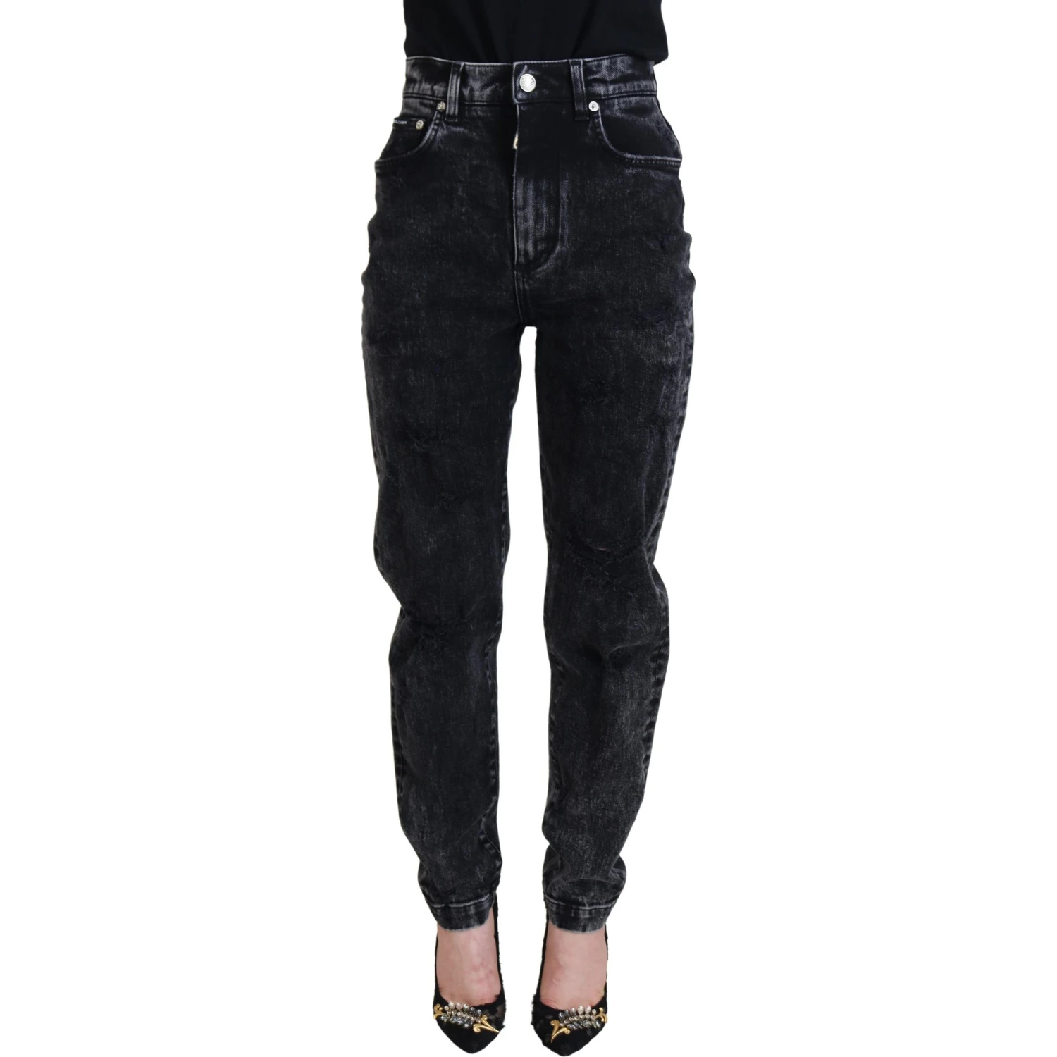 Black Washed Cotton High Waist Denim Jeans