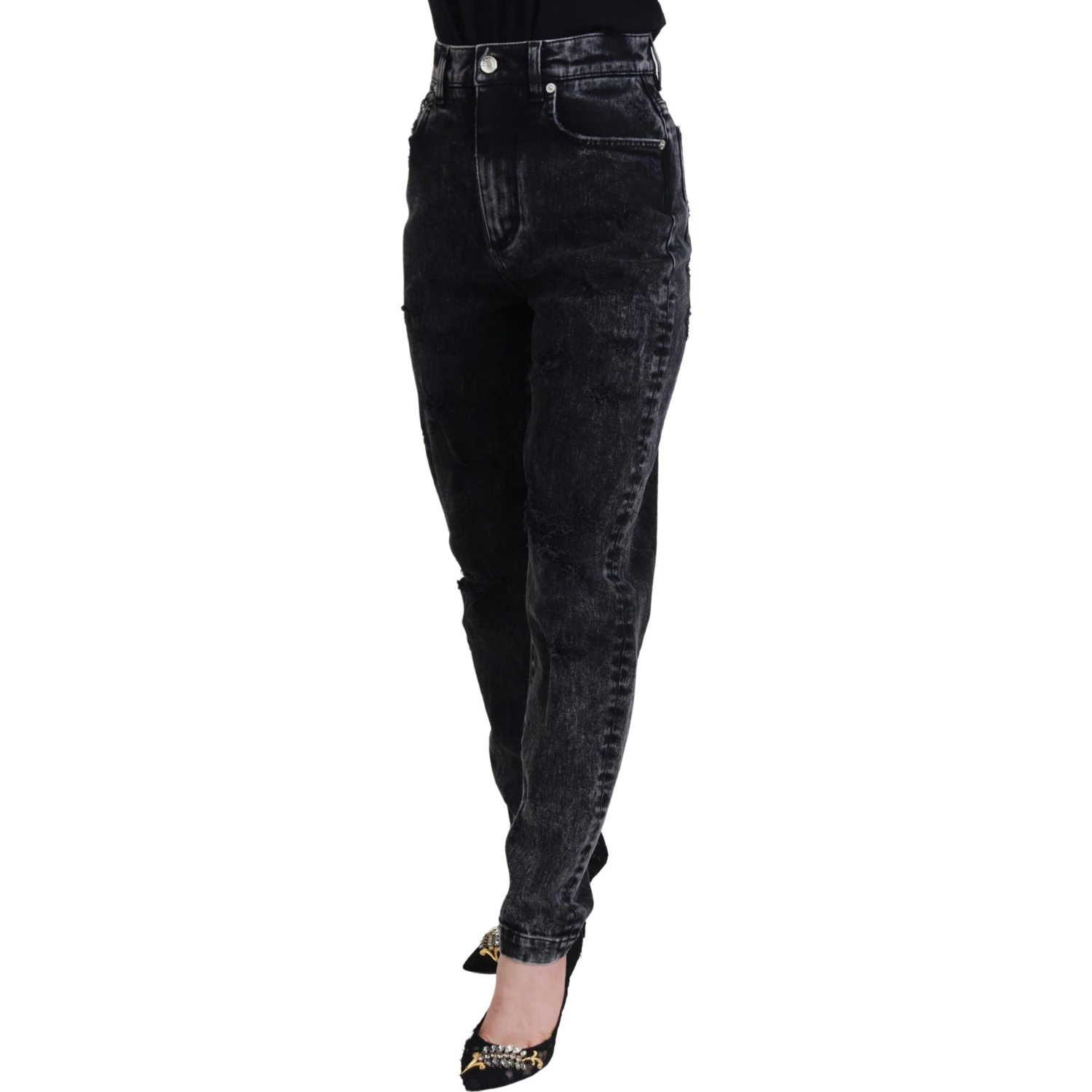 Black Washed Cotton High Waist Denim Jeans