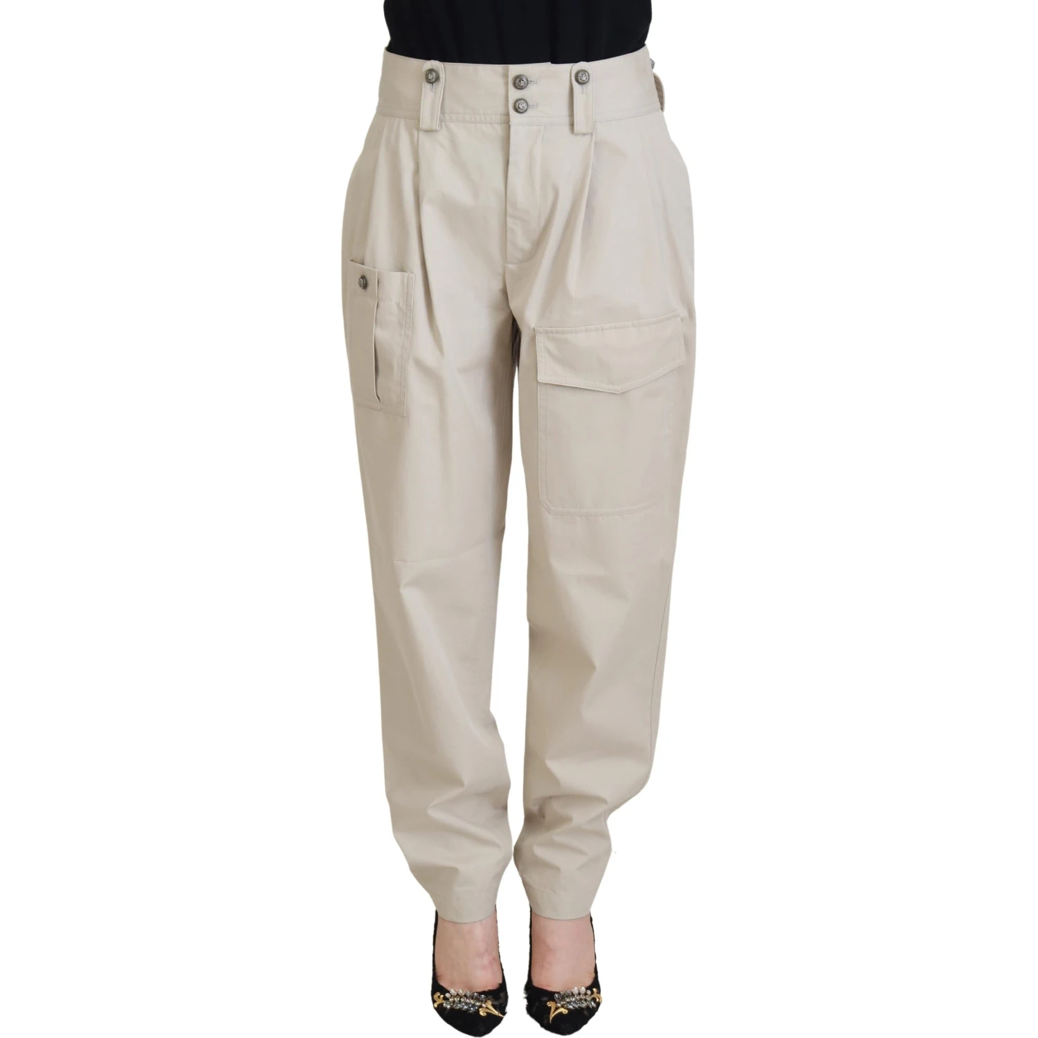 Beige Cotton Women Cargo Pants