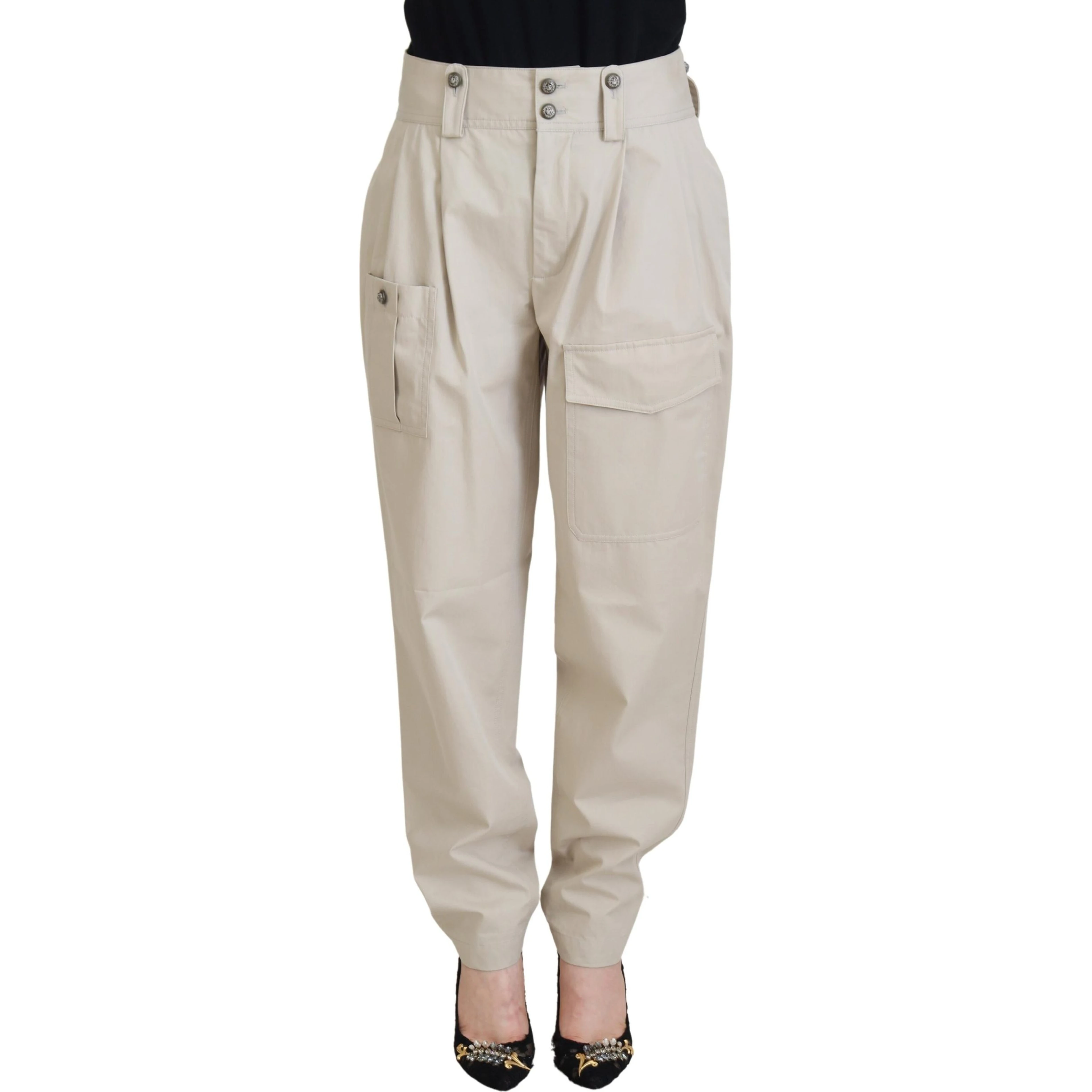 Beige Cotton Women Cargo Pants