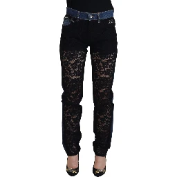Black Floral Lace Front Skinny Denim Jeans