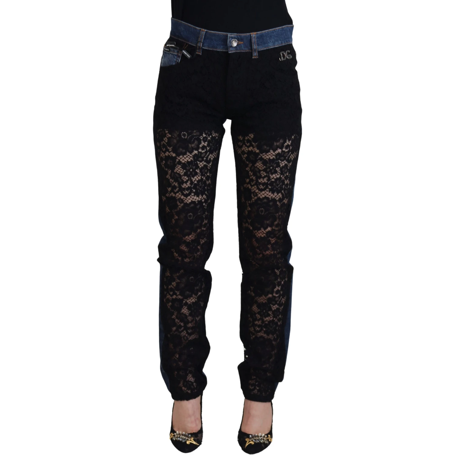 Black Floral Lace Front Skinny Denim Jeans