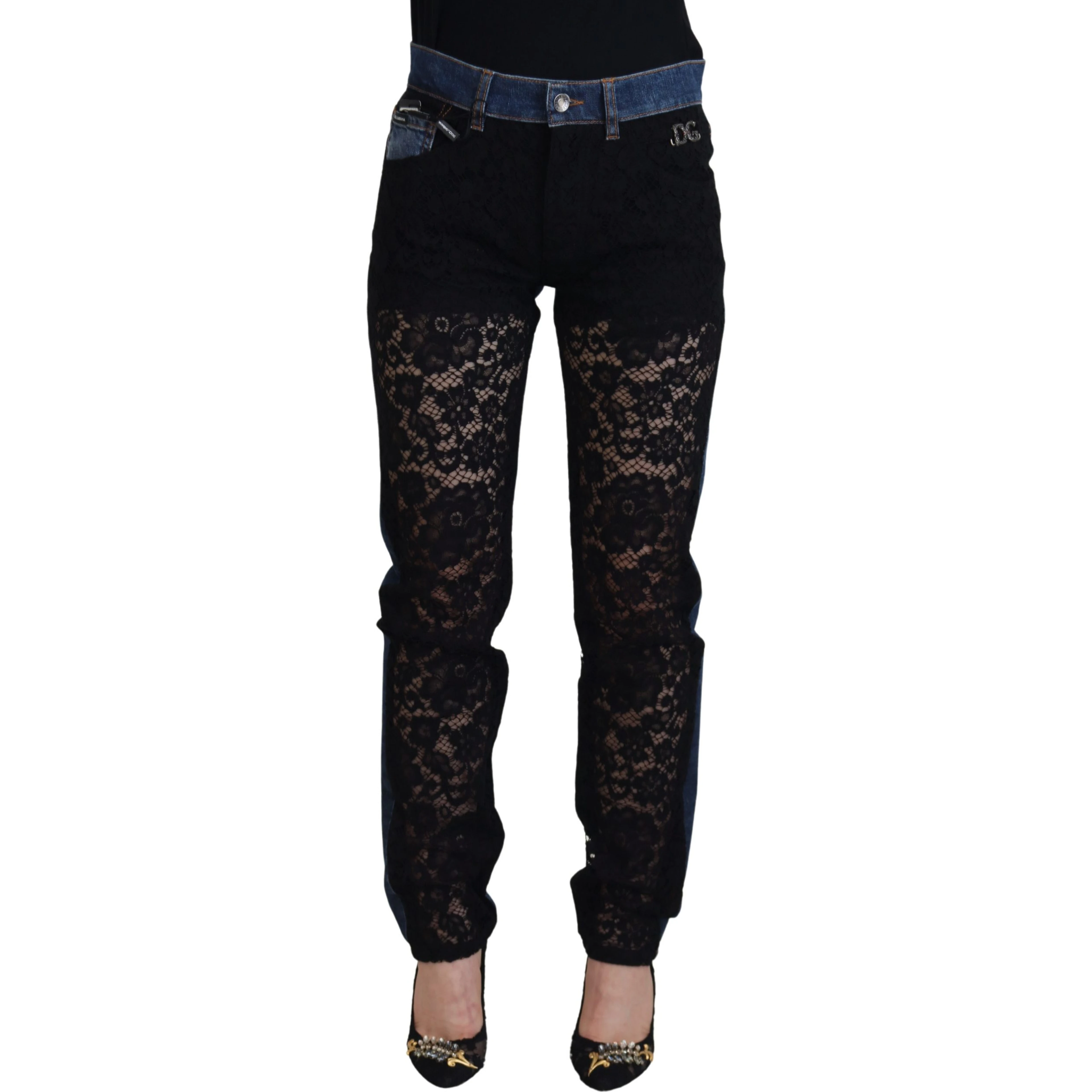 Black Floral Lace Front Skinny Denim Jeans