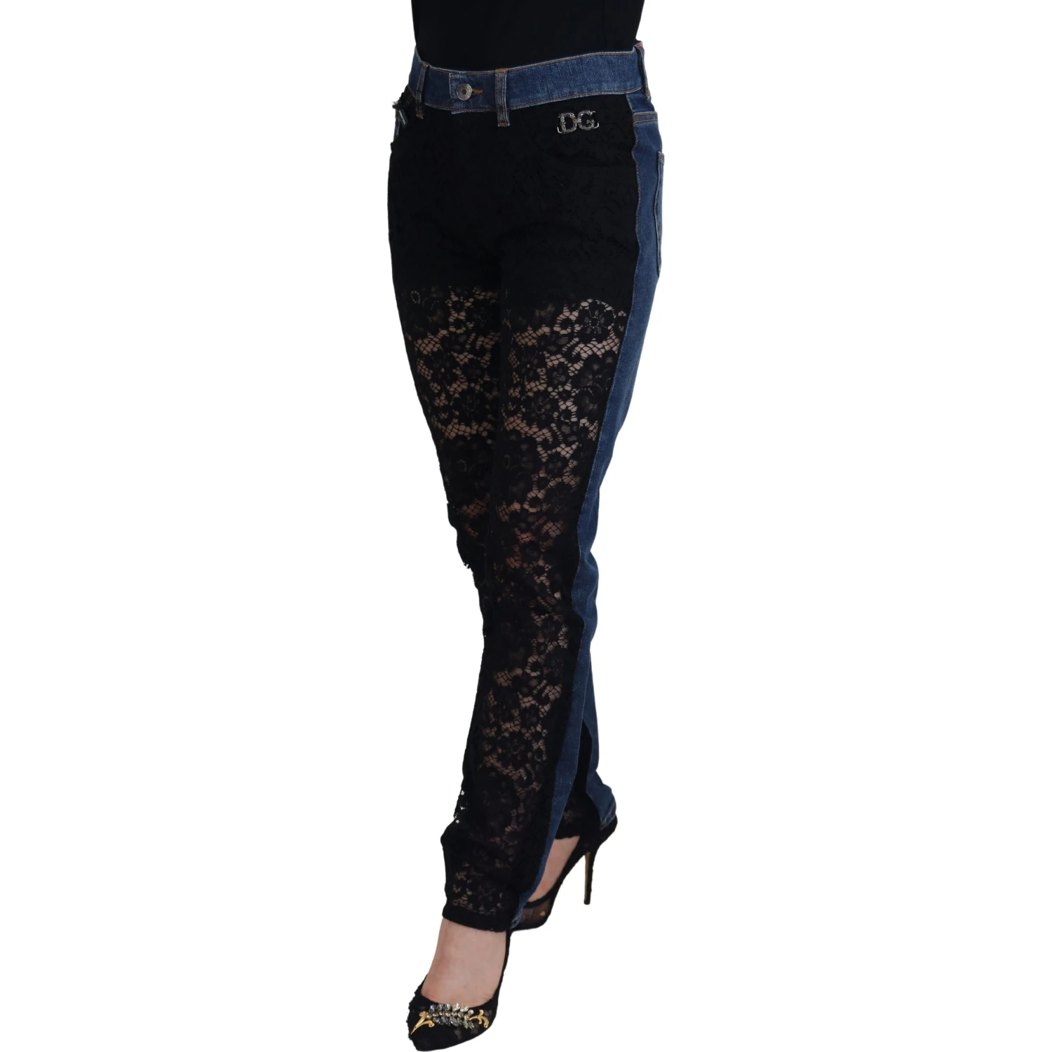 Black Floral Lace Front Skinny Denim Jeans