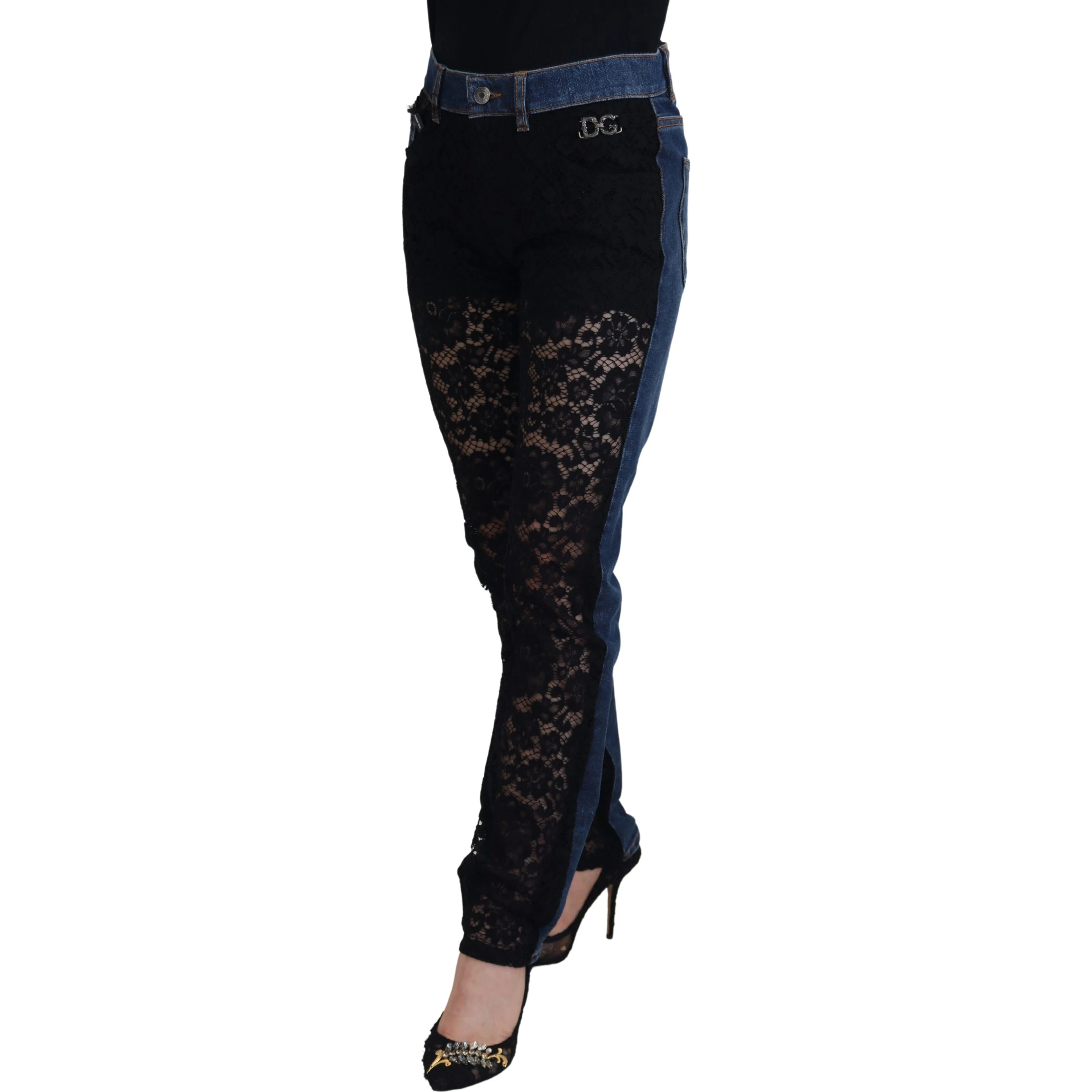 Black Floral Lace Front Skinny Denim Jeans