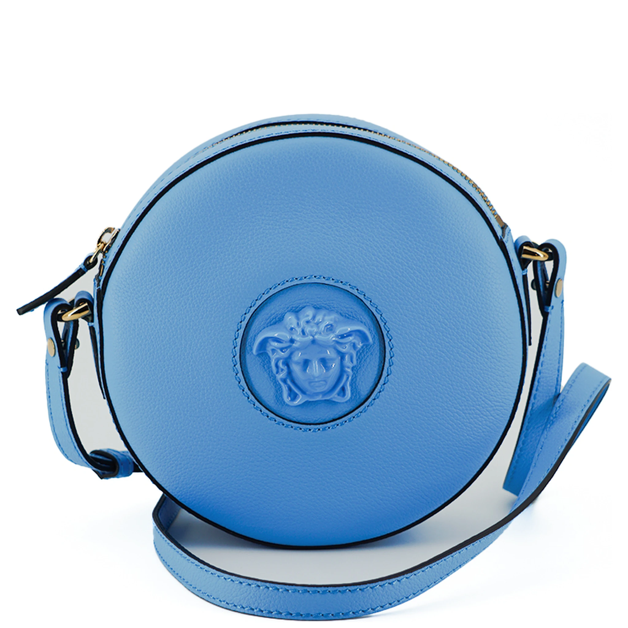 Blue Calf Leather Round Disco Shoulder Bag