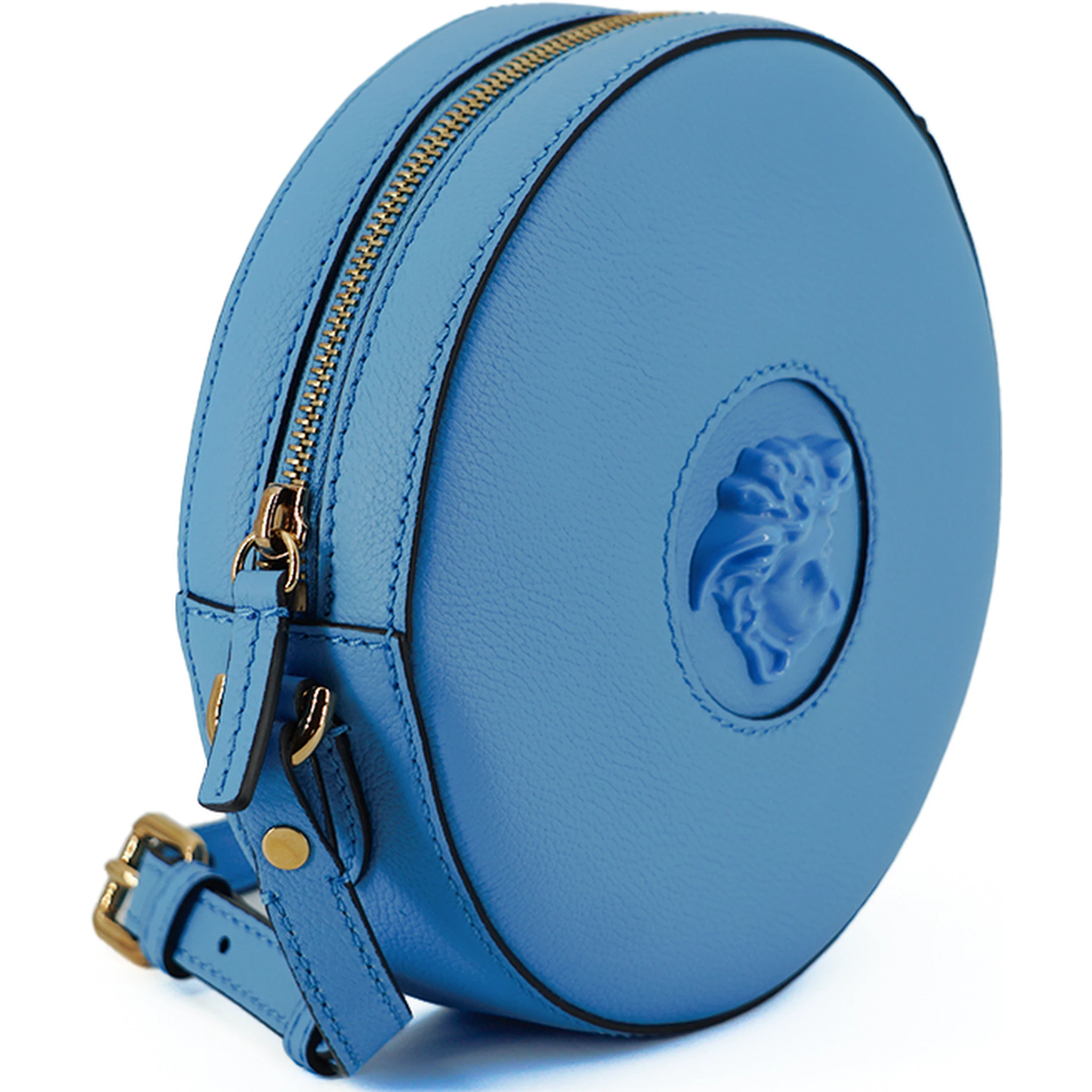 Blue Calf Leather Round Disco Shoulder Bag