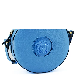 Blue Calf Leather Round Disco Shoulder Bag