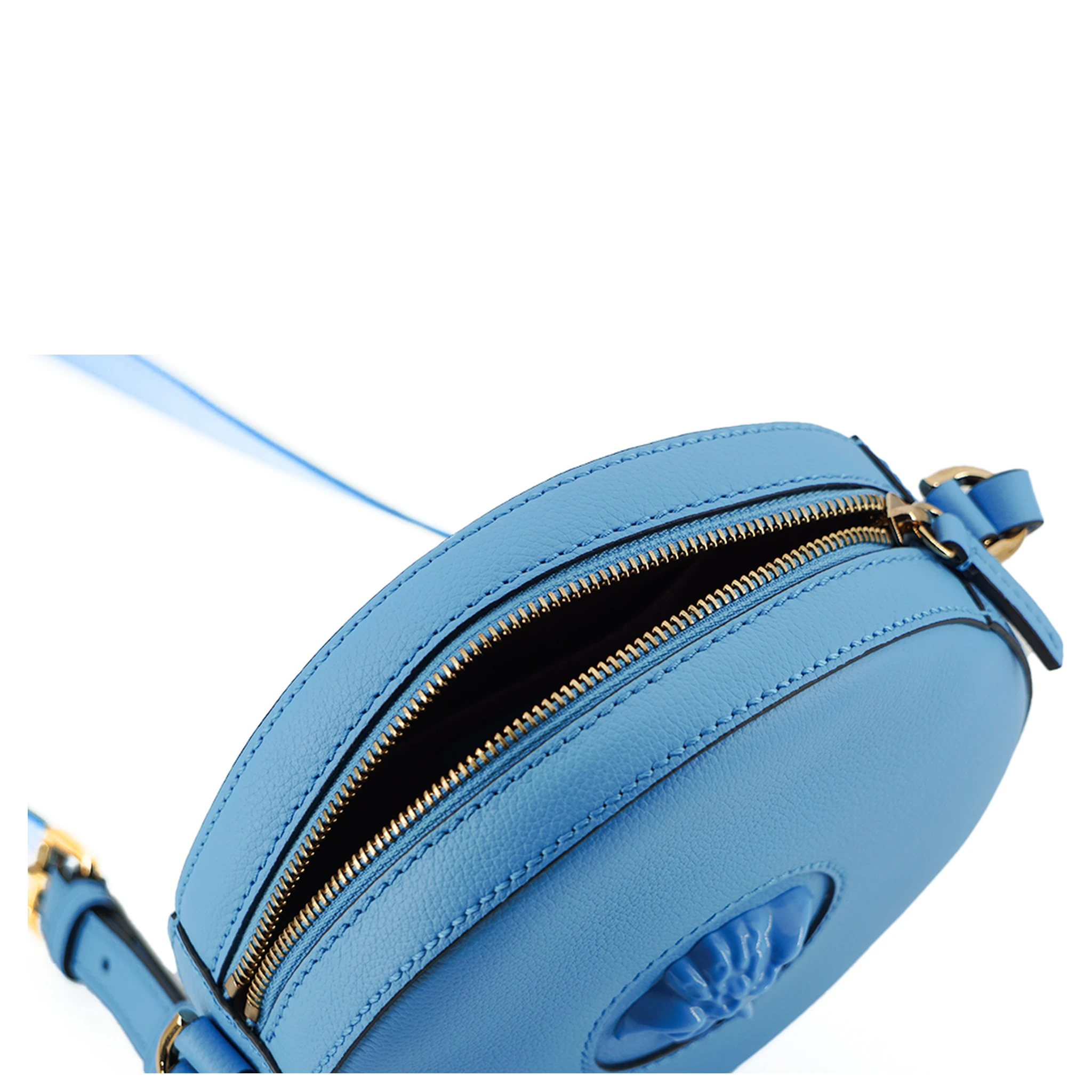Blue Calf Leather Round Disco Shoulder Bag