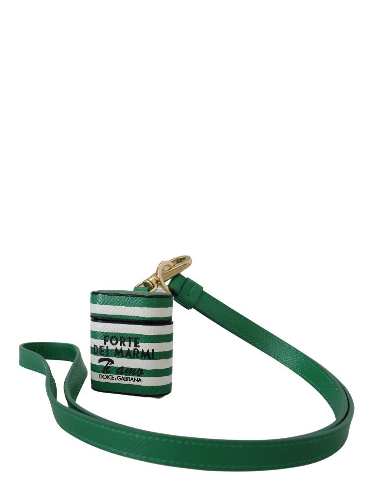 Green Leather Strap Gold Metal Logo Airpods Case